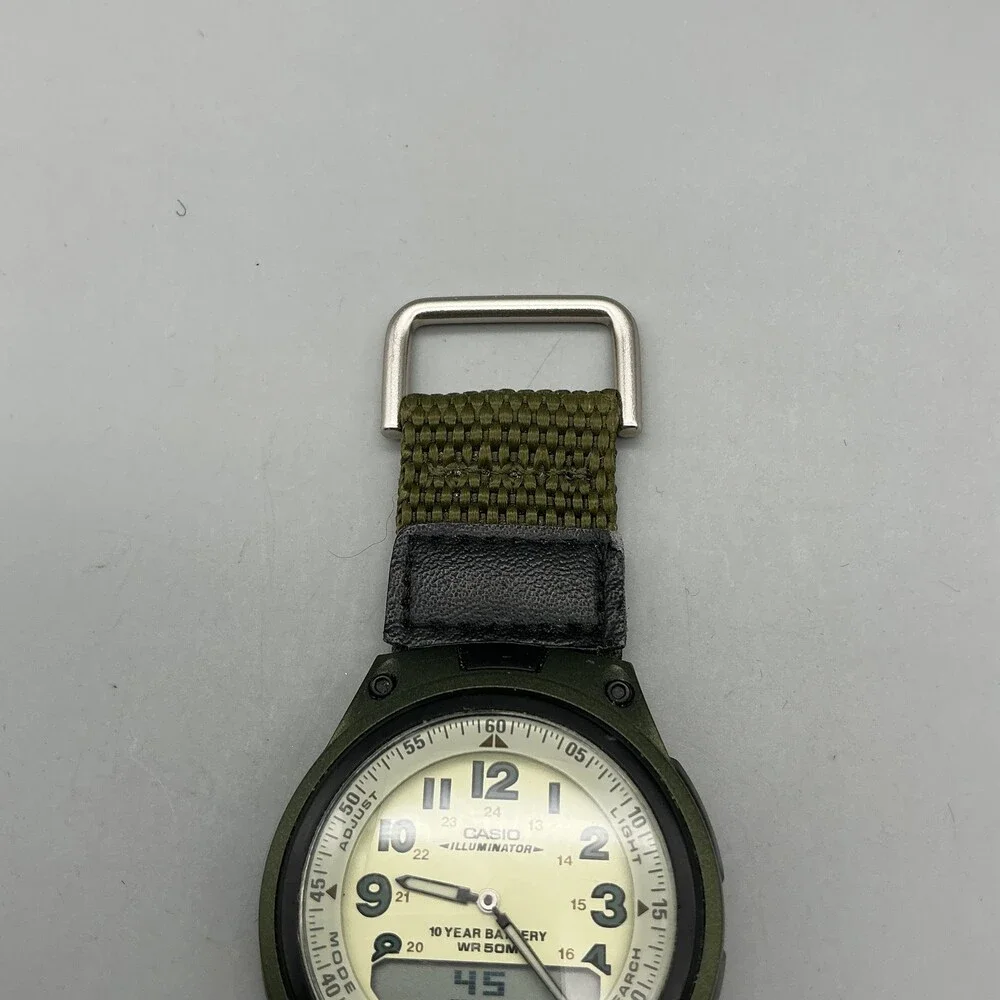 Casio 2747 AW-80 Mens Watch 40mm Beige Dial Green Telememo 30 Illuminator